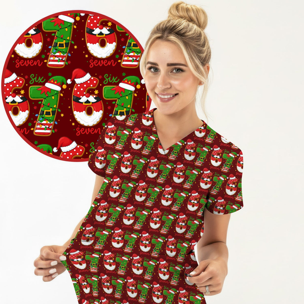 Christmas 67 Pattern Scrub Top, Festive Holiday Medical Uniform Shirt For Nursing