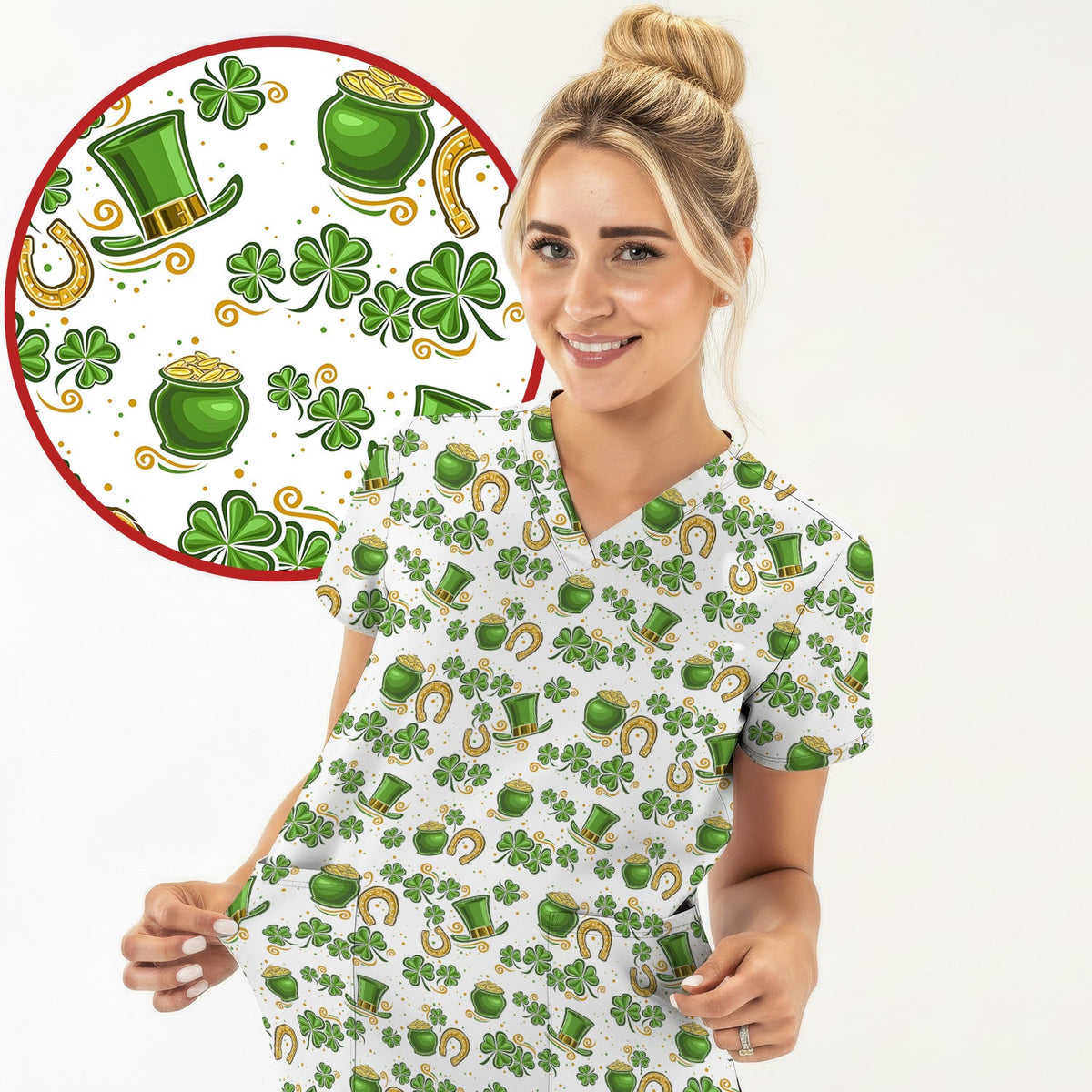 St Patrick Shamrock Nurse Scrub Top