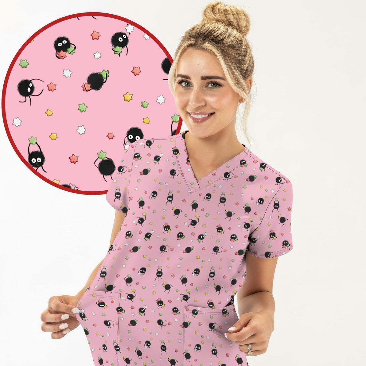 Funny Spider Pattern  Scrub Top, Cartoon Spider Pattern Nursing Uniform For Women