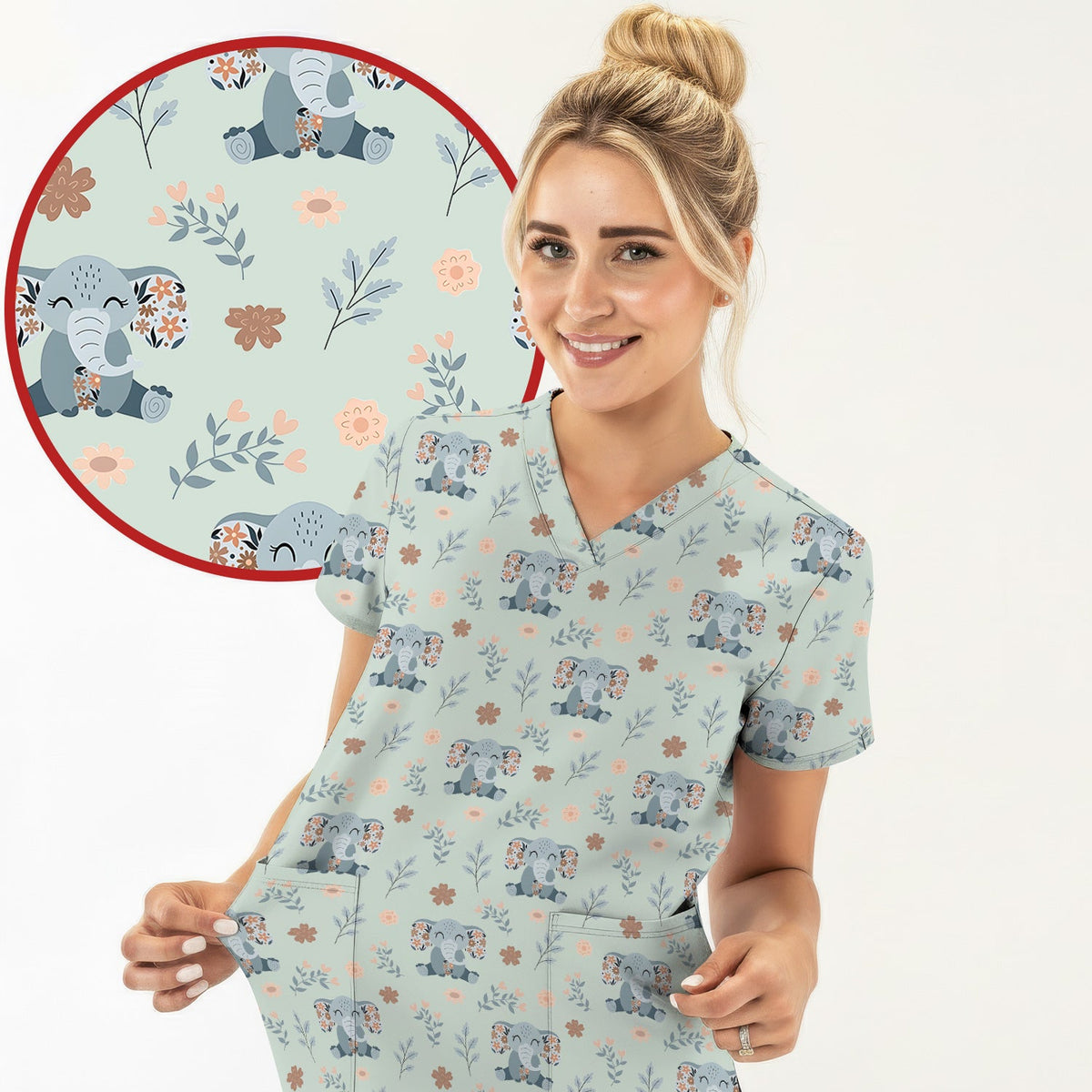 Cute Elephant Floral Print Scrub Set, Scrub Pants and V Neck Top