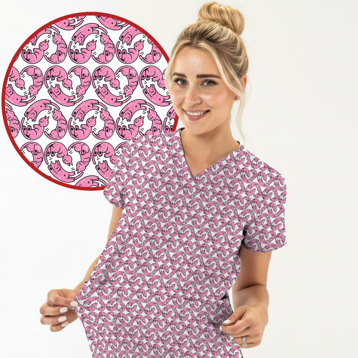 Pink Cat Cartoon Nurse Scrub Top