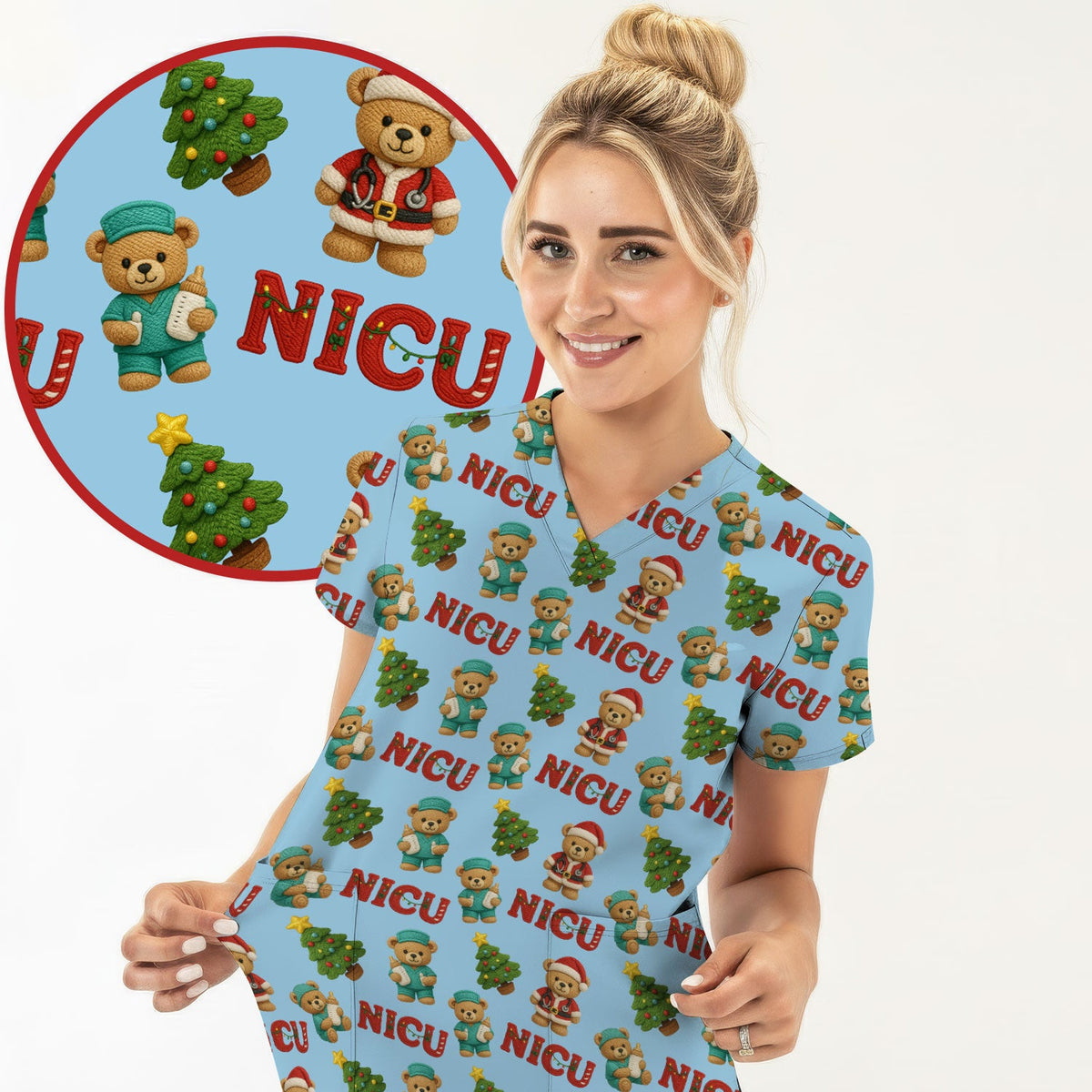 NICU Nurse Teddy Bear Scrub Top - Christmas Gift