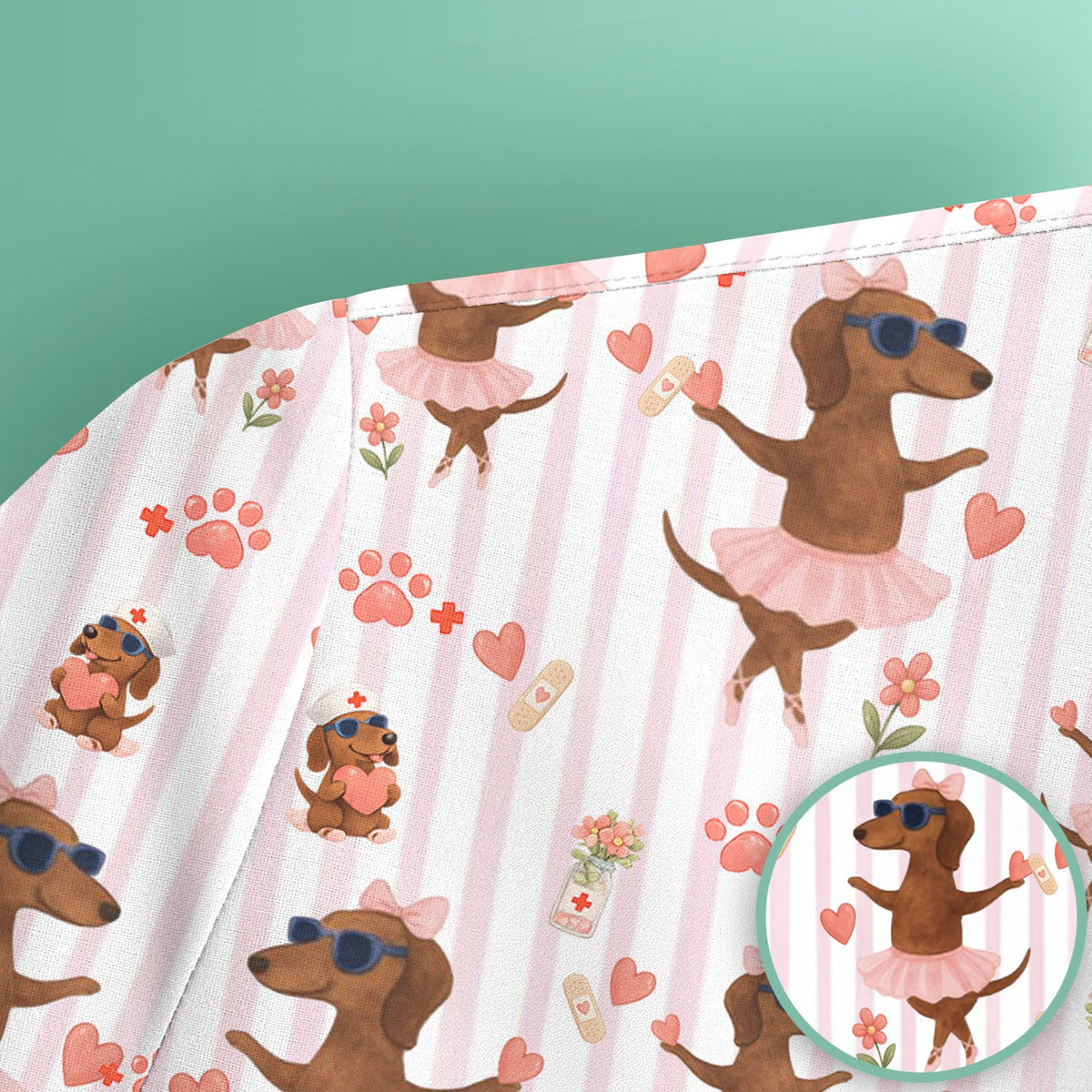 Dachshund Ballet Tutu Hearts Nurse Scrub Top