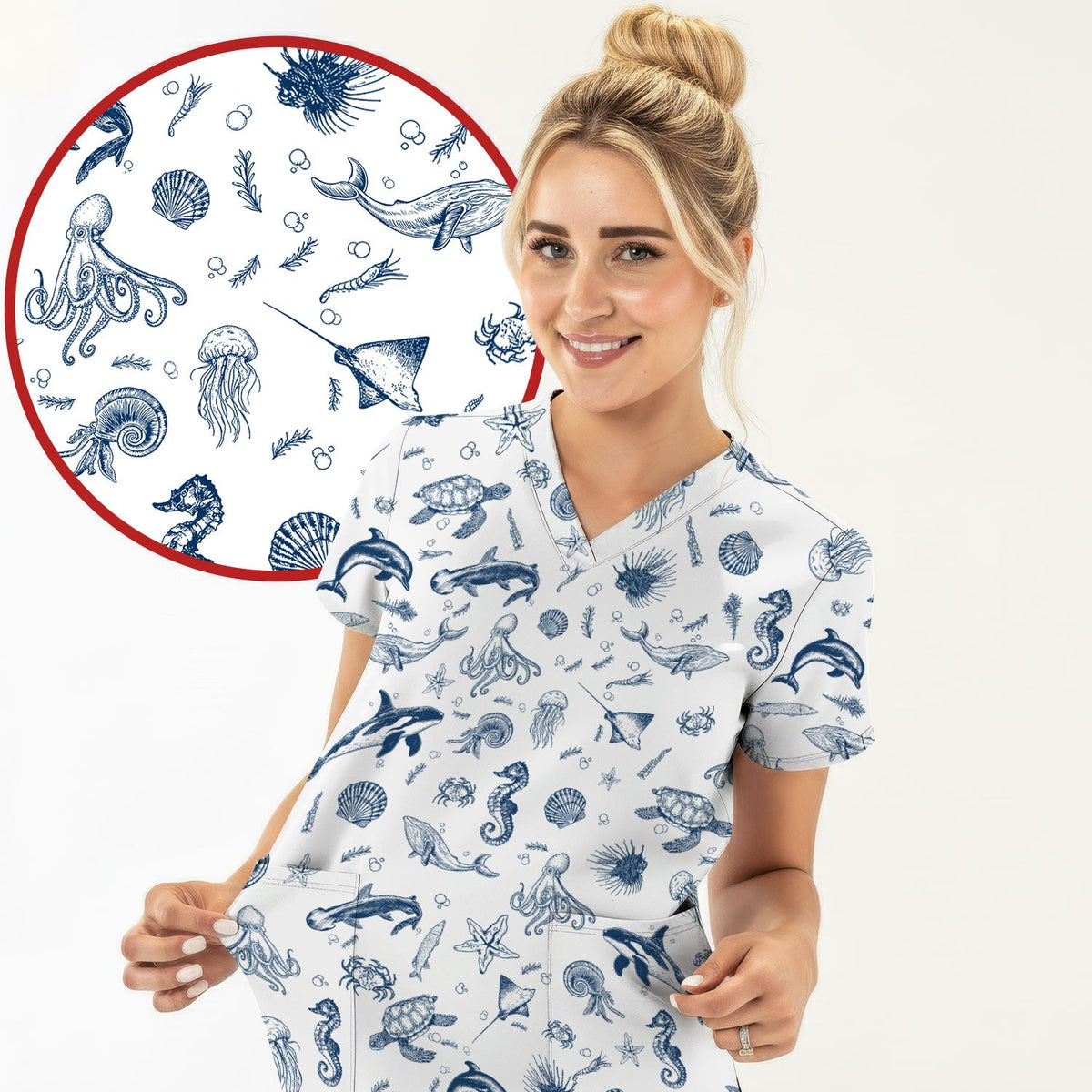 Marine Sea Life Nurse Scrub Top