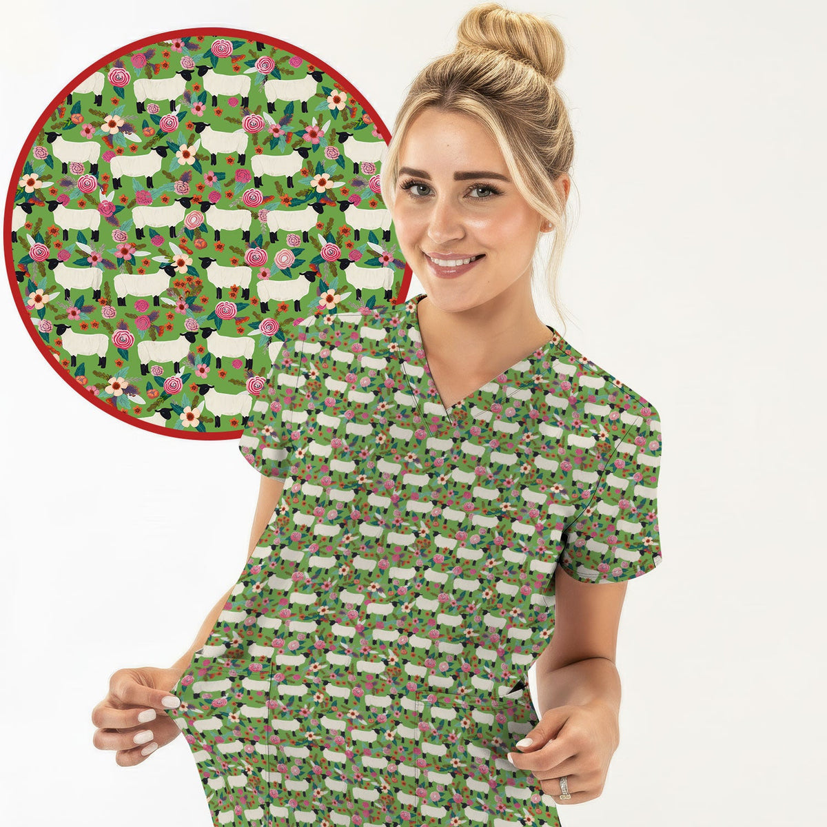 Sheep Floral Meadow Nurse Scrub Top