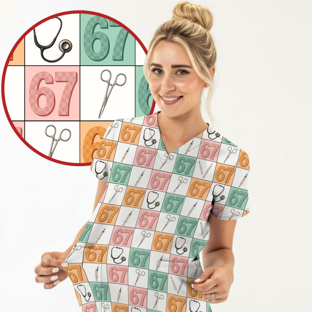 67 Patchwork Medical Tools Nurse Scrub Top
