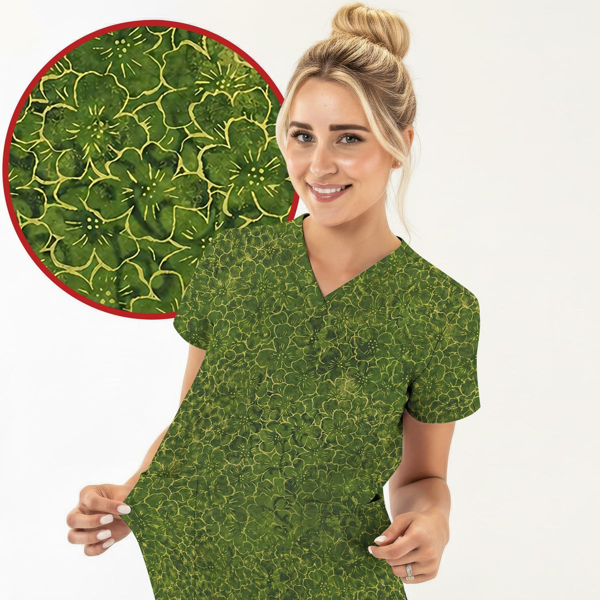 Green Floral Blossom Nurse Scrub Top