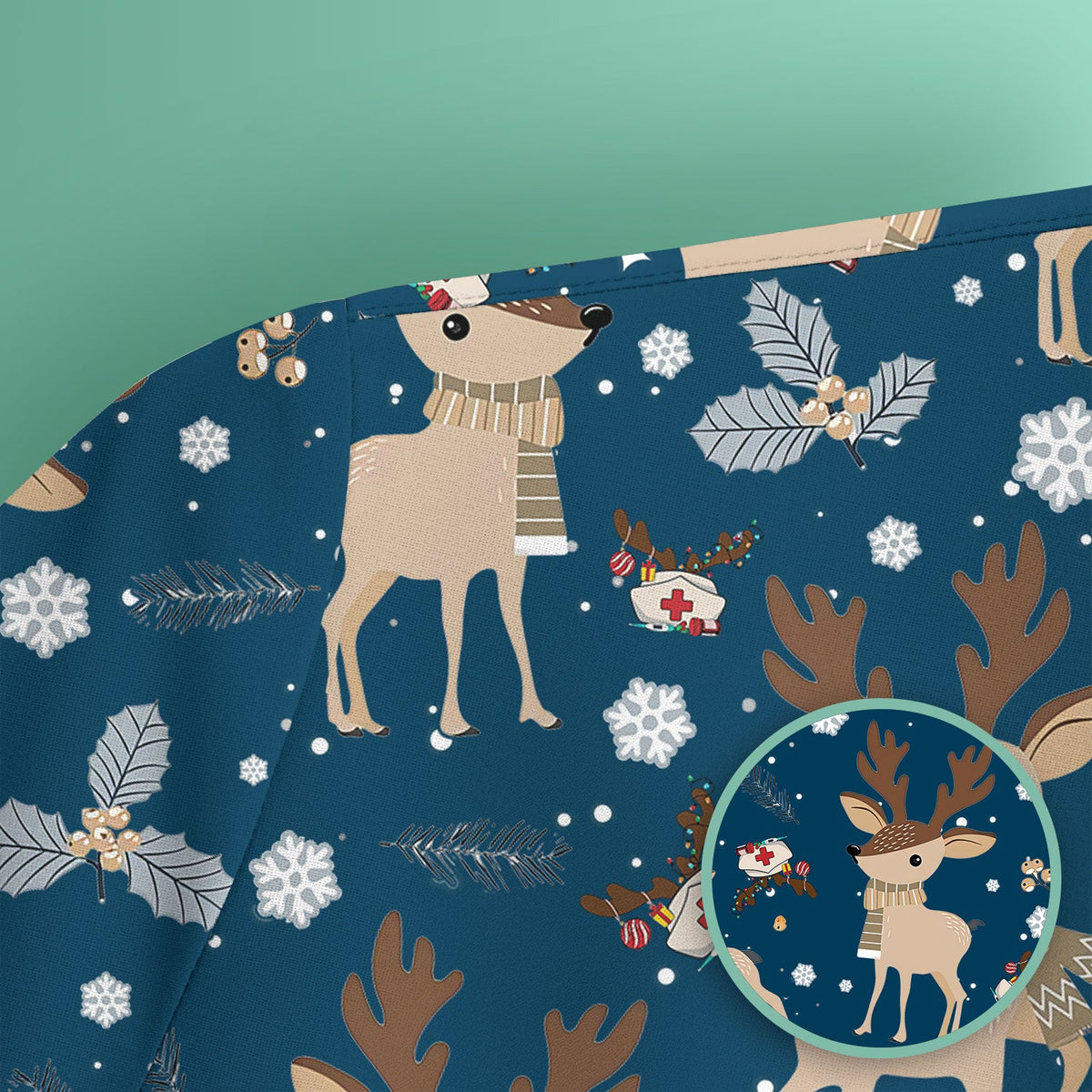 Reindeer Christmas Scrub Top - Cozy Beige Holiday Nurse Shirt with Cute Deer Pattern - Festive Medical Scrubs for Women RN CNA LPN
