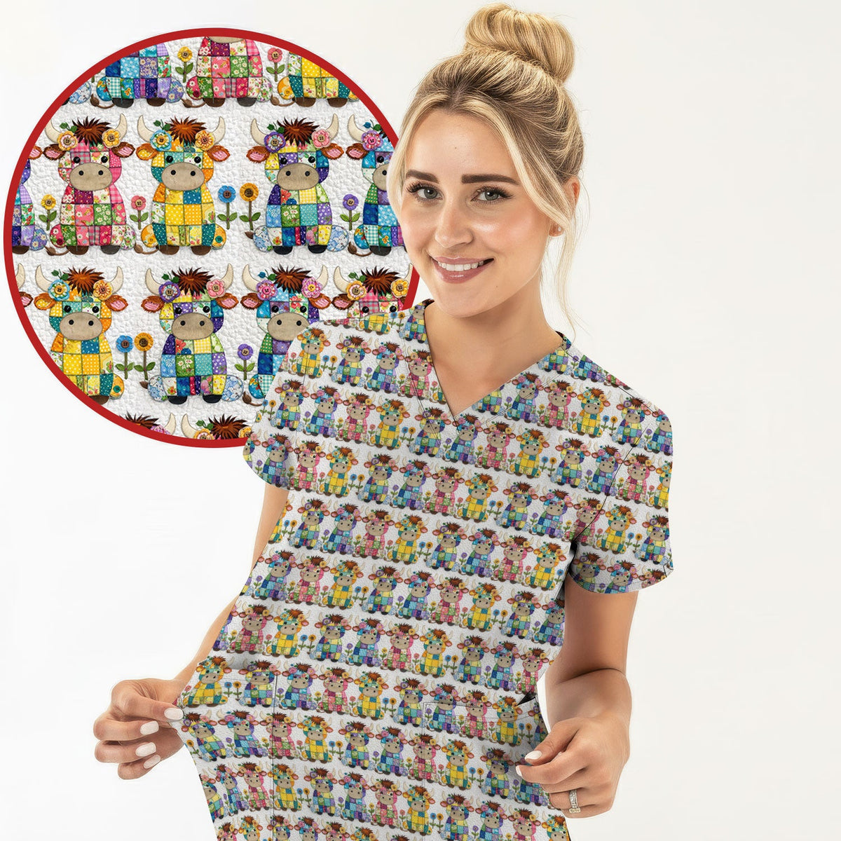 Cute Patchwork Cow With Flowers Pattern Scrubs Top, Comfortable Scrubs for Nurses
