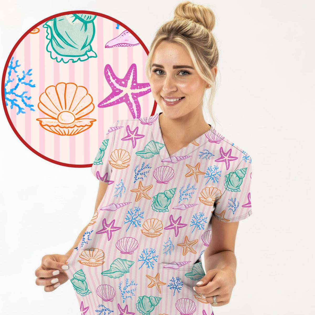 Colorful Seashell Starfish Ocean Stripe Nurse Scrub Top