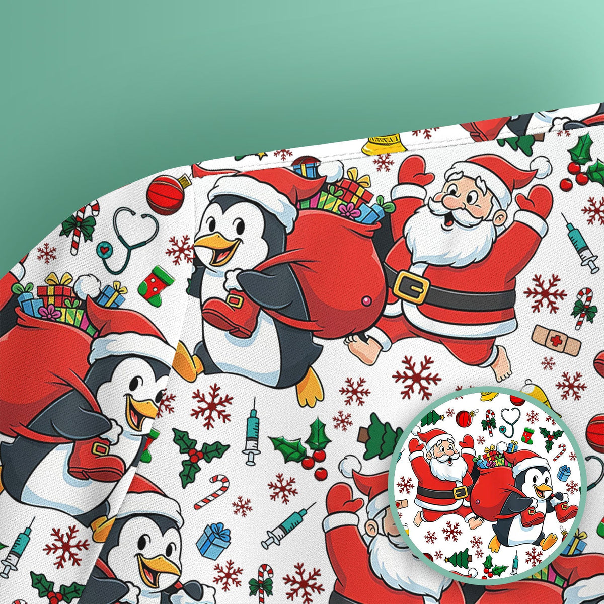 Penguin Santa Nurse Scrub Top - Christmas Gift