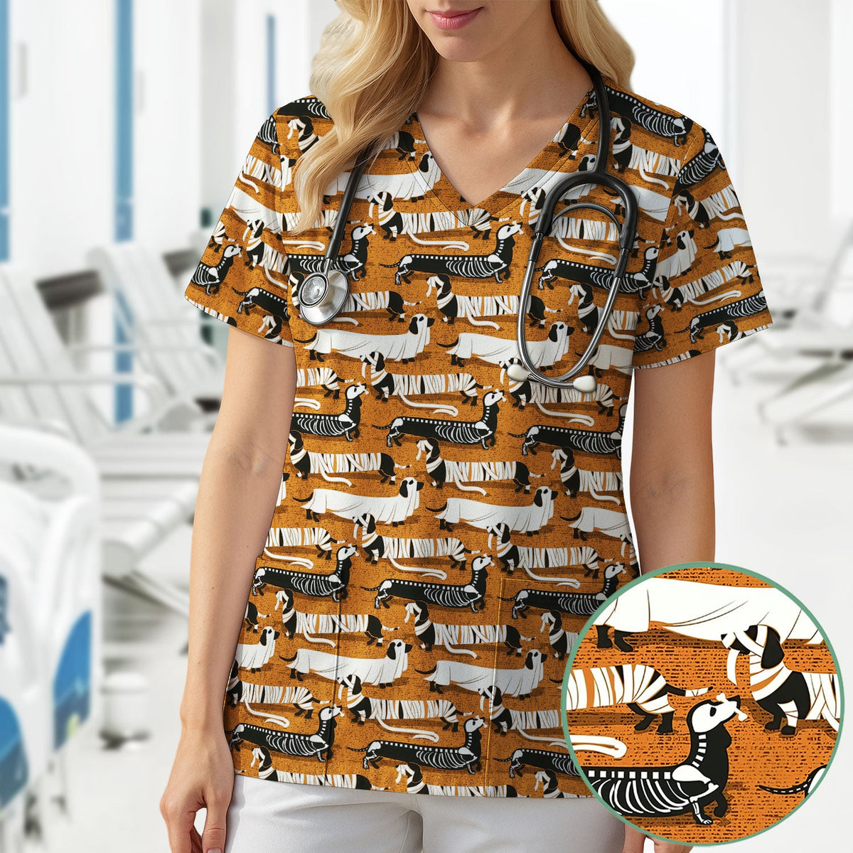 Dachshund Skeleton Nurse Scrub Top - Halloween Gift