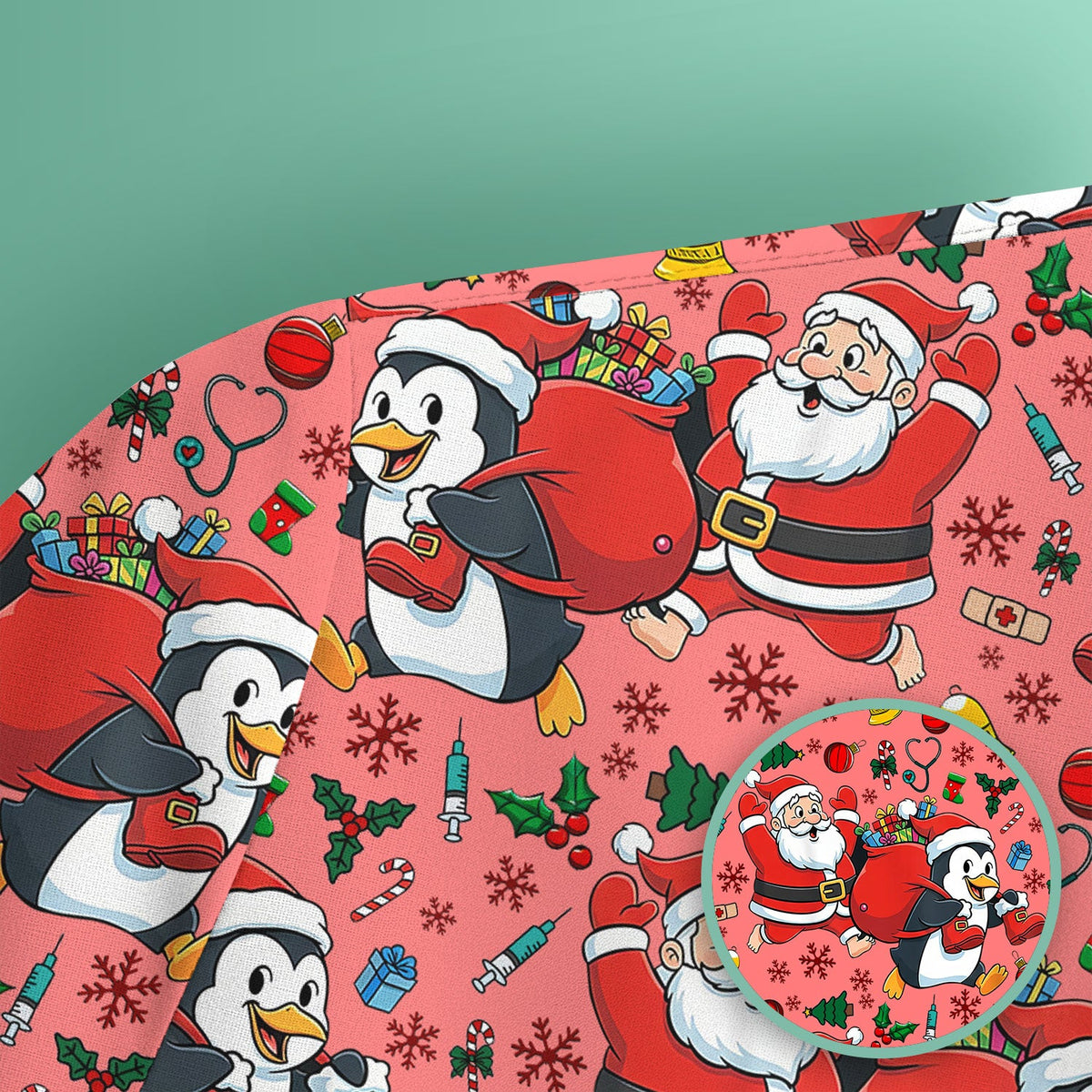 Penguin Santa Nurse Scrub Top - Christmas Gift