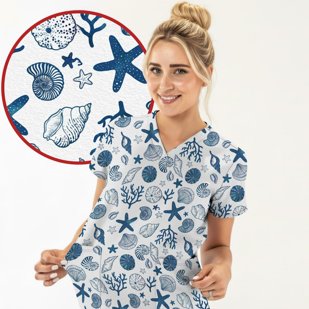 Ocean Shell Starfish Nurse Scrub Top