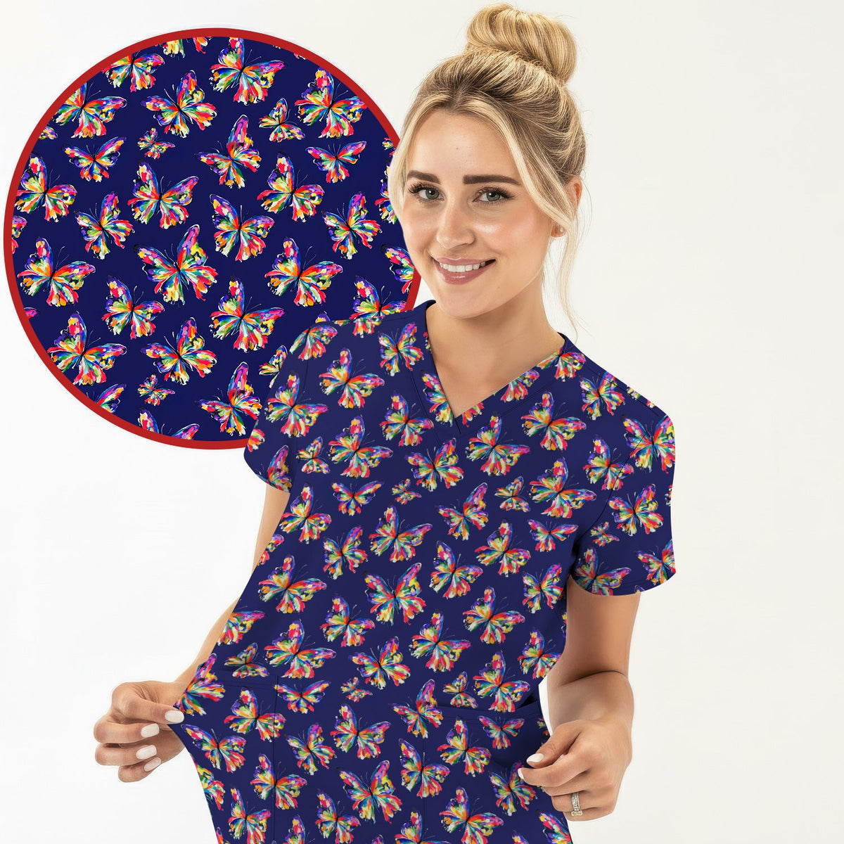 Personalized Vibrant Rainbow Butterfly Nurse Scrub Top