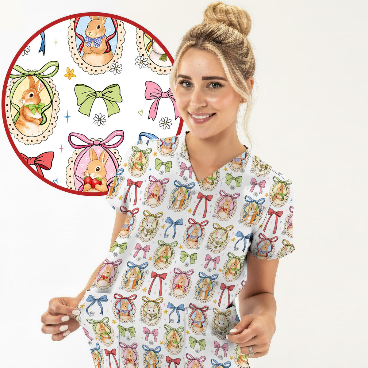 Bunny Cameo Bow Nurse Scrub Set - Easter Gift