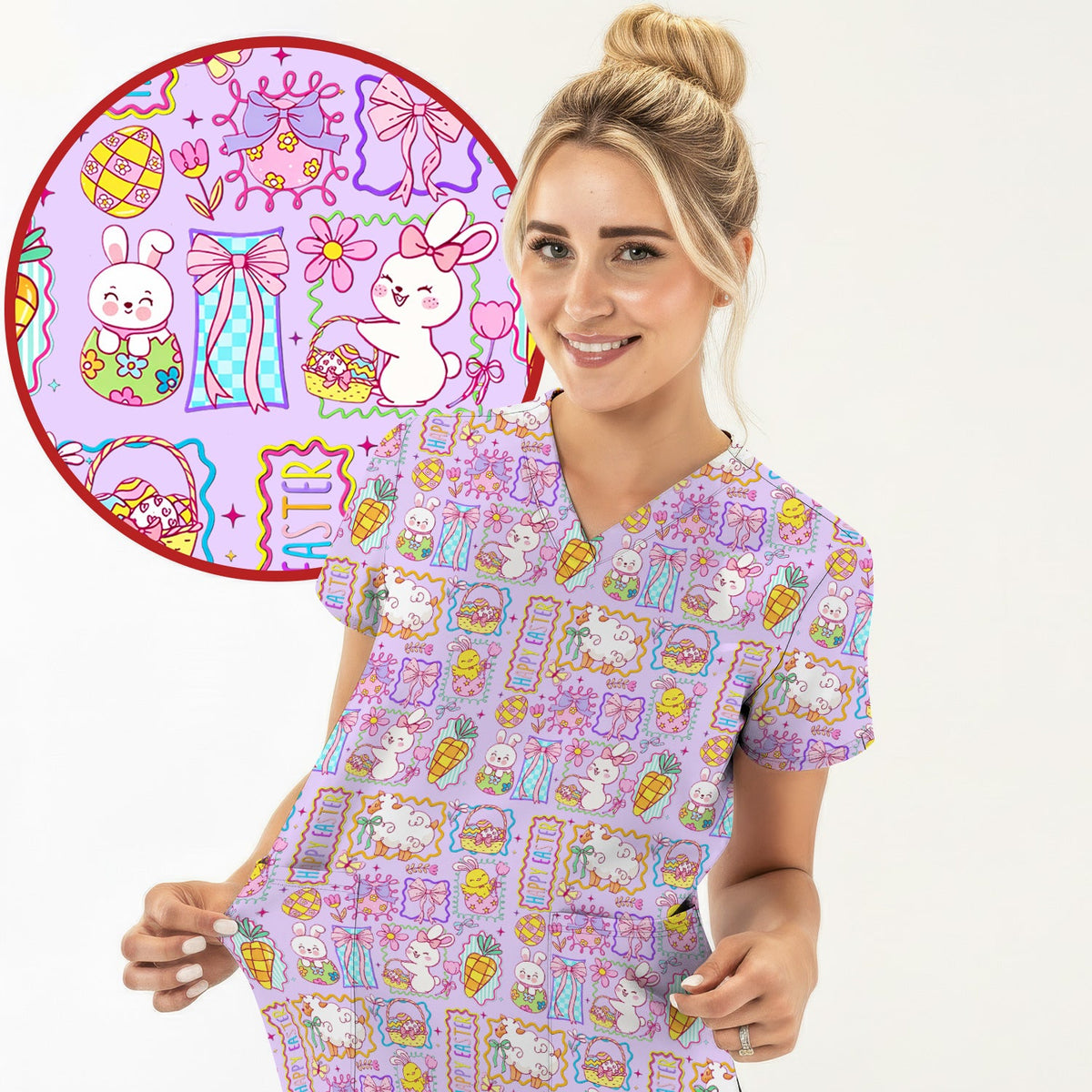 Cute Easter Bunny Egg and Bow Print Scrub Top, Breathable Fabrics Nursing Uniform