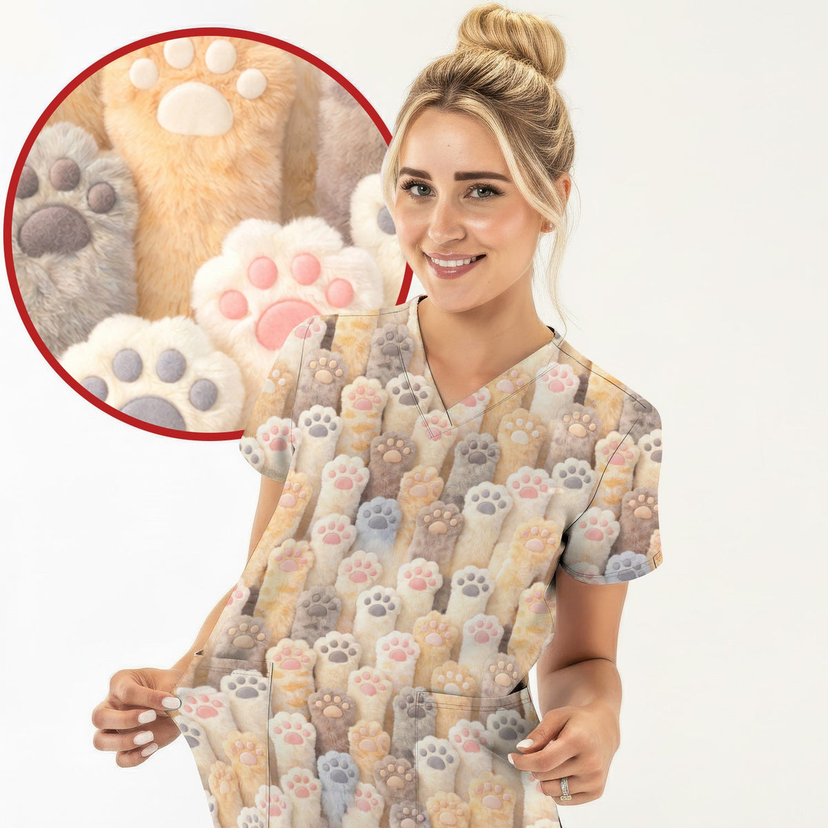 Fluffy Cat Paw Nurse Scrub Top