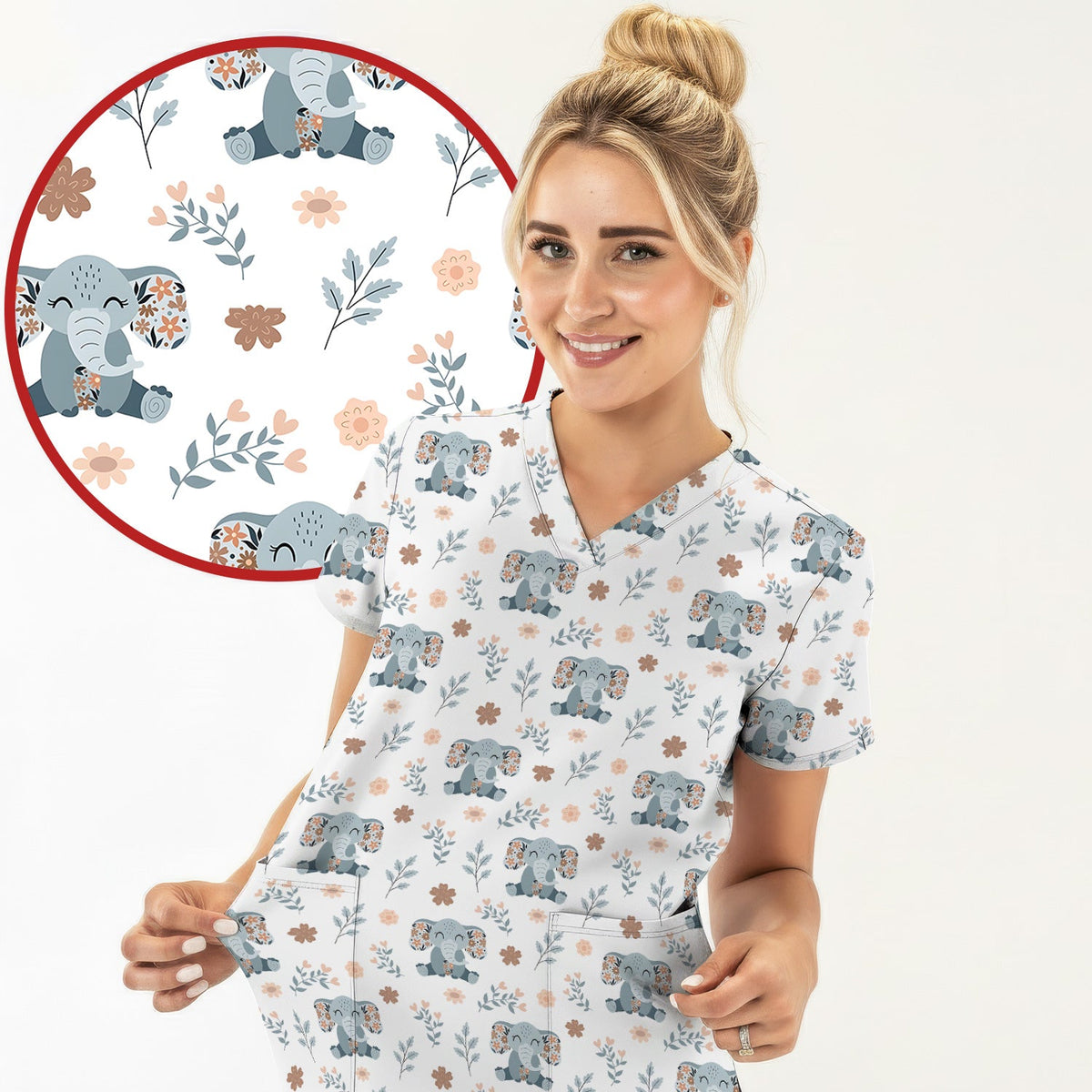 Cute Elephant Floral Print Scrub Set, Scrub Pants and V Neck Top