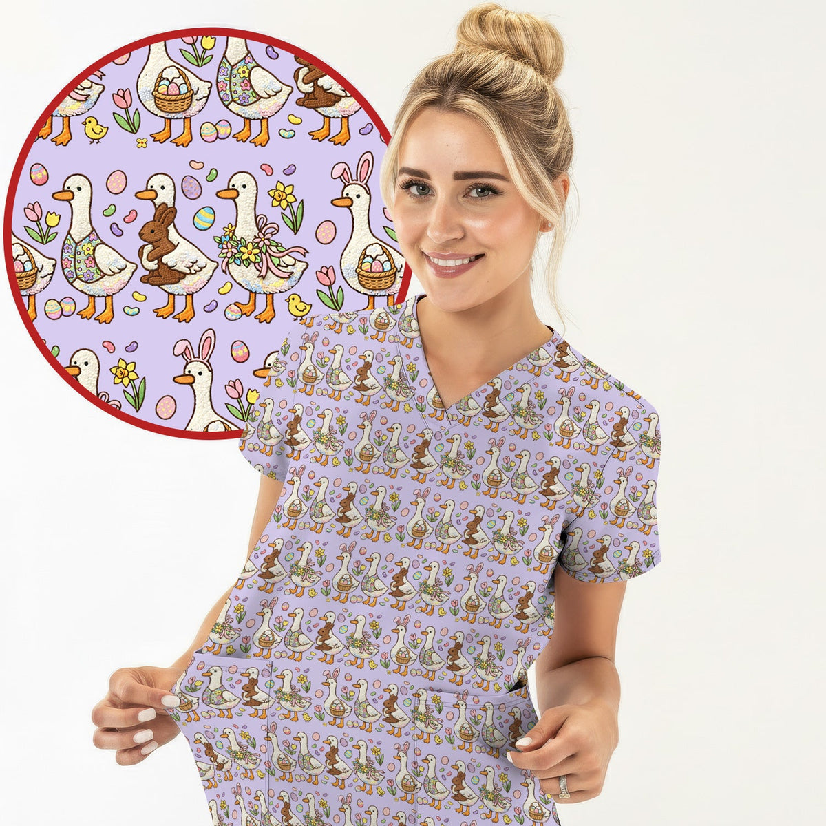 Duck Bunny Egg Floral Nurse Scrub Set - Easter Gift