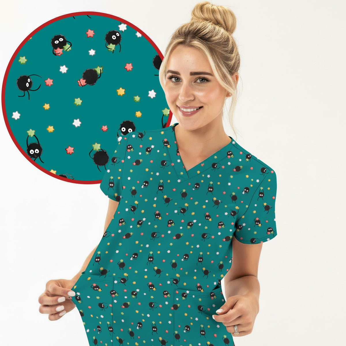 Funny Spider Pattern  Scrub Top, Cartoon Spider Pattern Nursing Uniform For Women