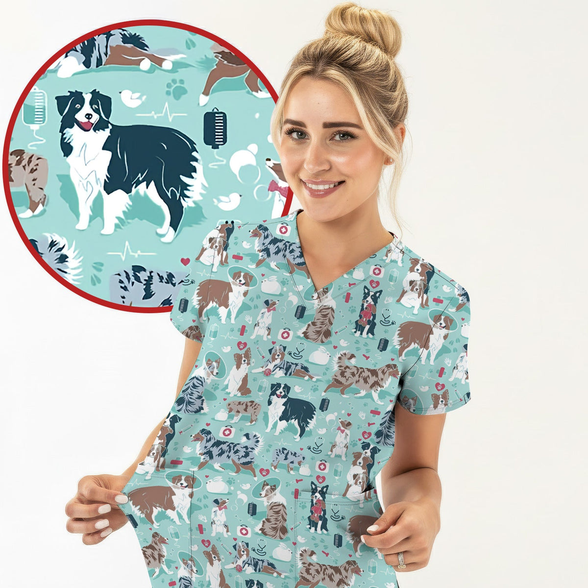 Cute Dog Pattern Women's Veterinary Scrub Set, Scrub Pants and V Neck Top