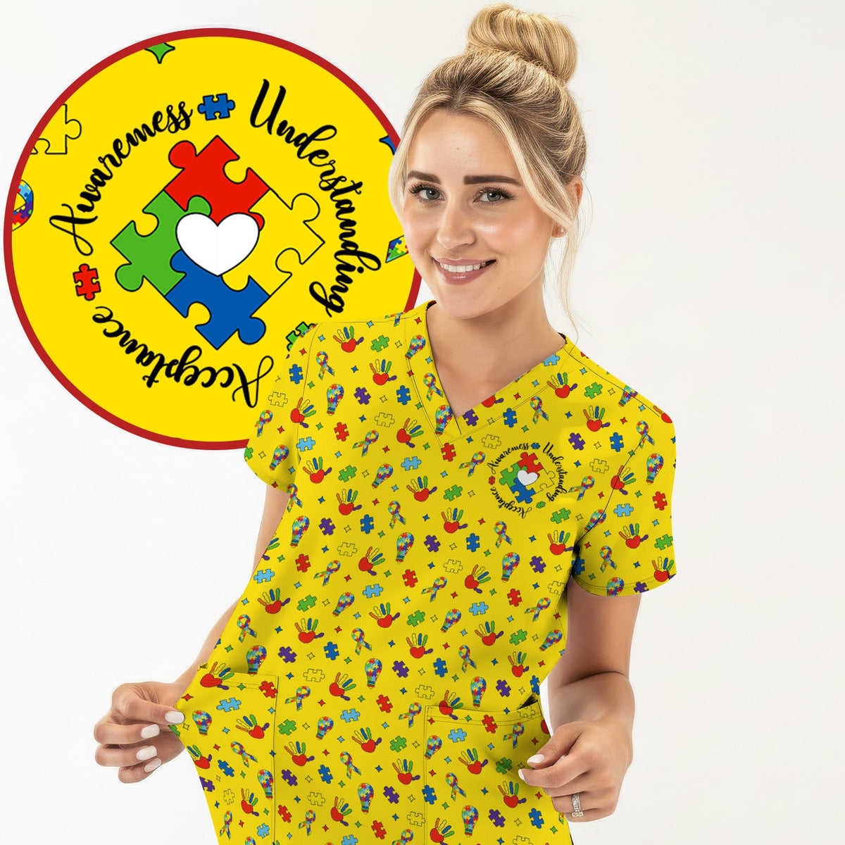 Autism Awareness Colorful Puzzle Nurse Scrub Top