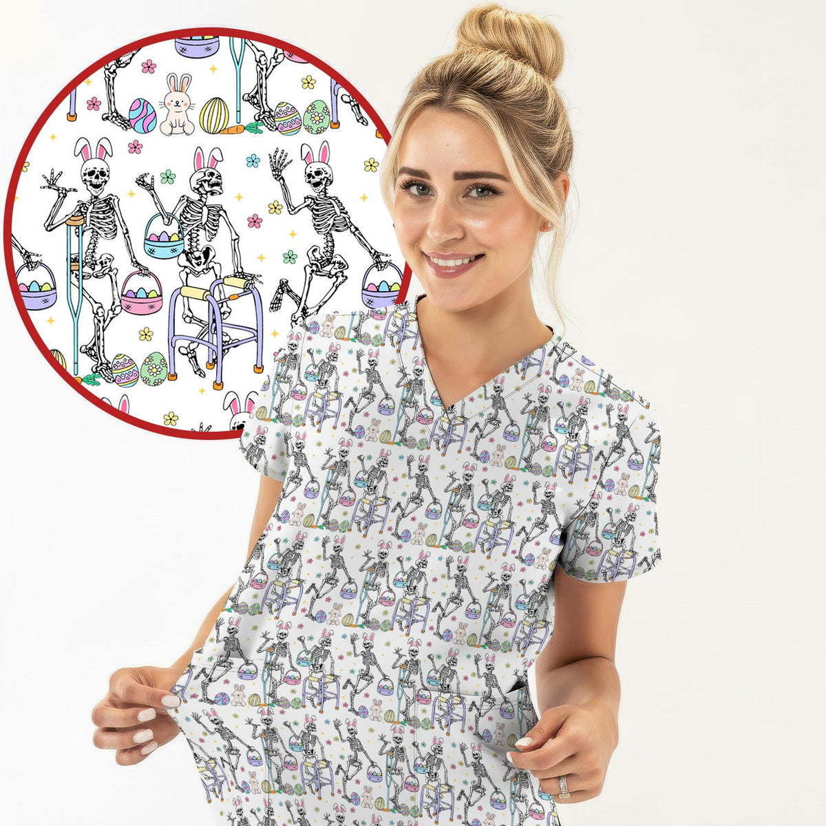 Fun Skeleton Bunny Nurse Scrub Set - Easter Gift