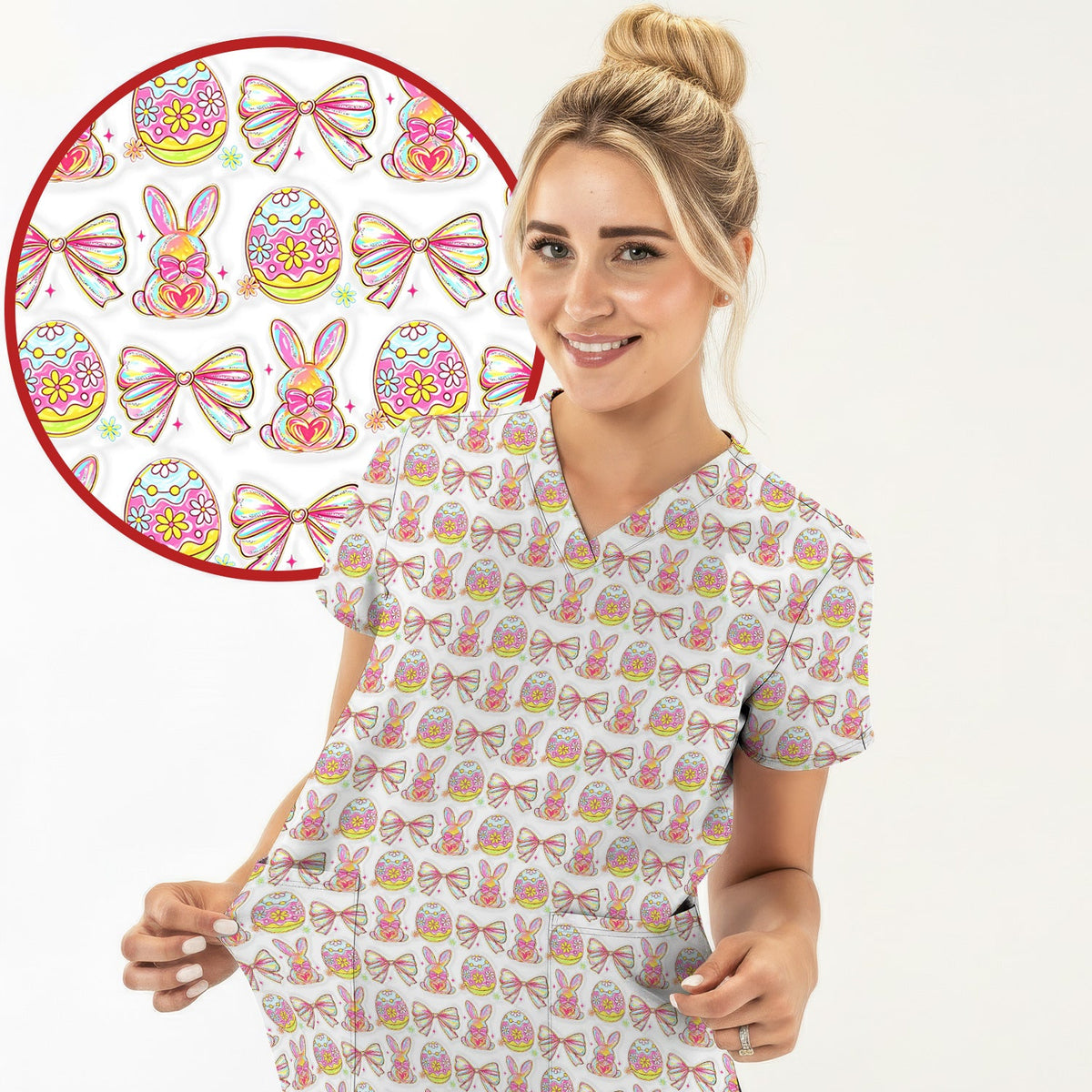 Bunny Pastel Egg Bow Nurse Scrub Top - Easter Gift