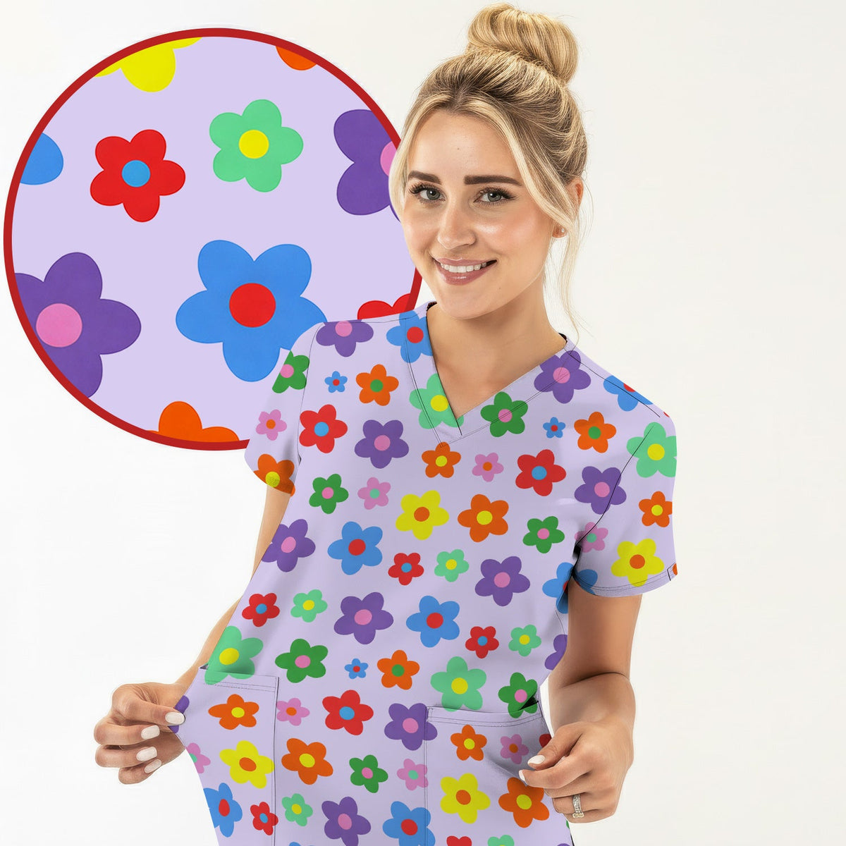 Colorful Retro Flower Nurse Scrub Top