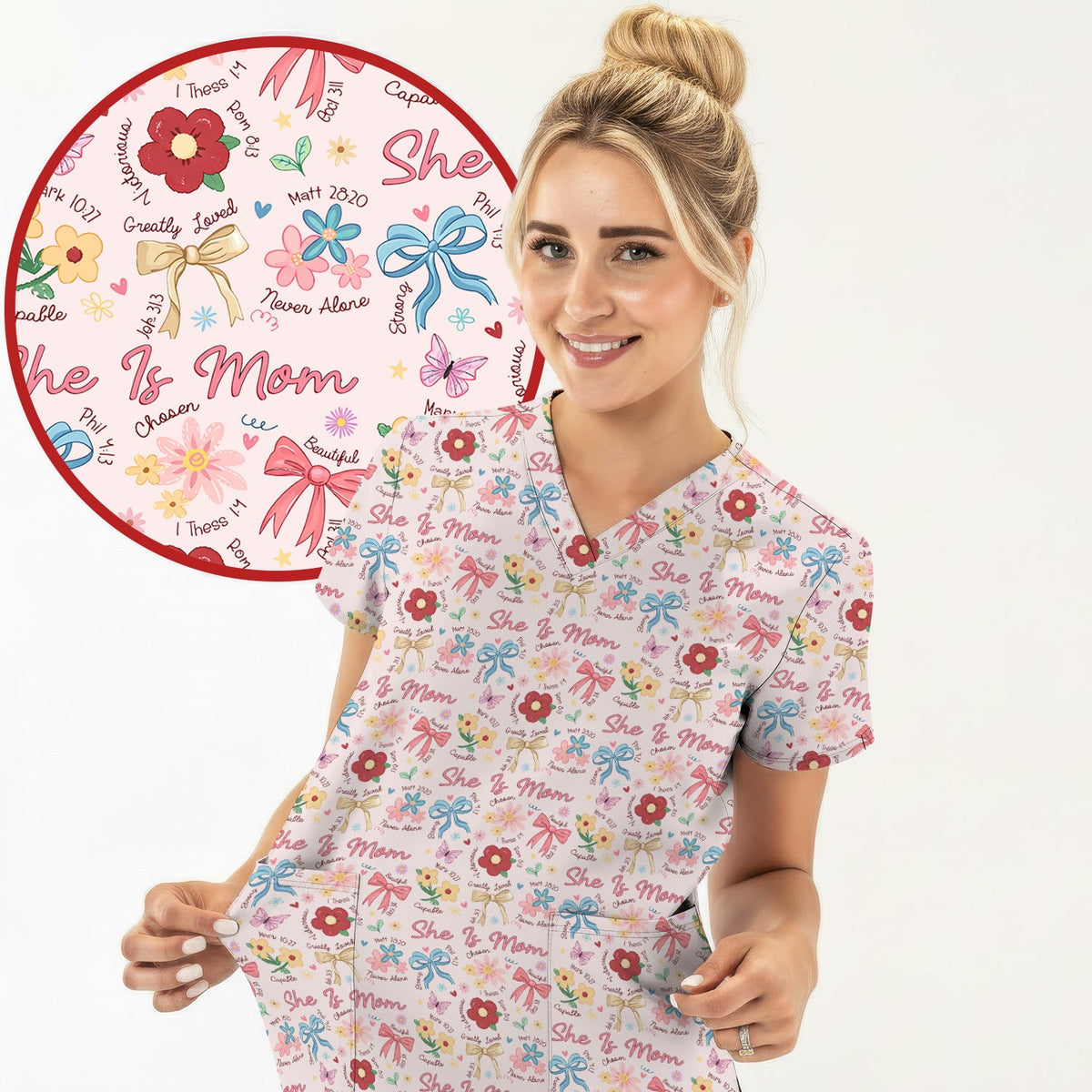 She Is Mom Floral Bow Nurse Scrub Top