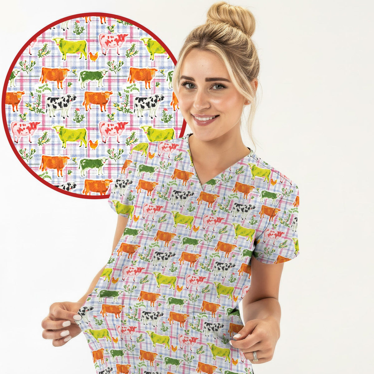 Colorful Farm Cow Plaid Nurse Scrub Set