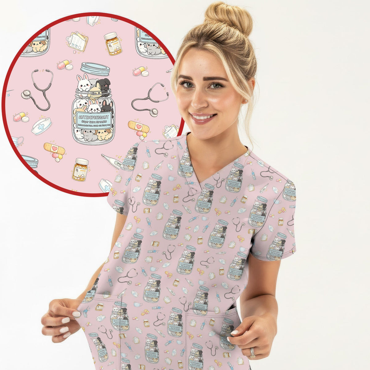 Whimsical Antidepressant Rabbit Jar Nurse Scrub Top