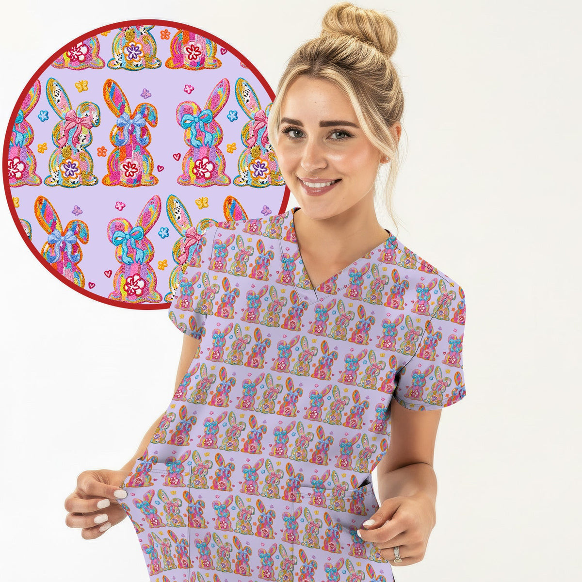 Pastel Bunny Floral Nurse Scrub Set