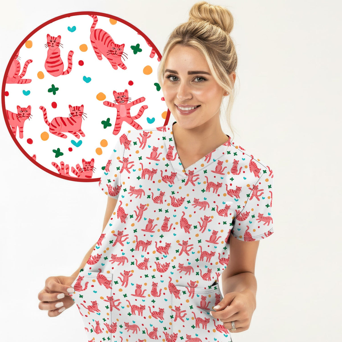 Pink Cat Nurse Scrub Set