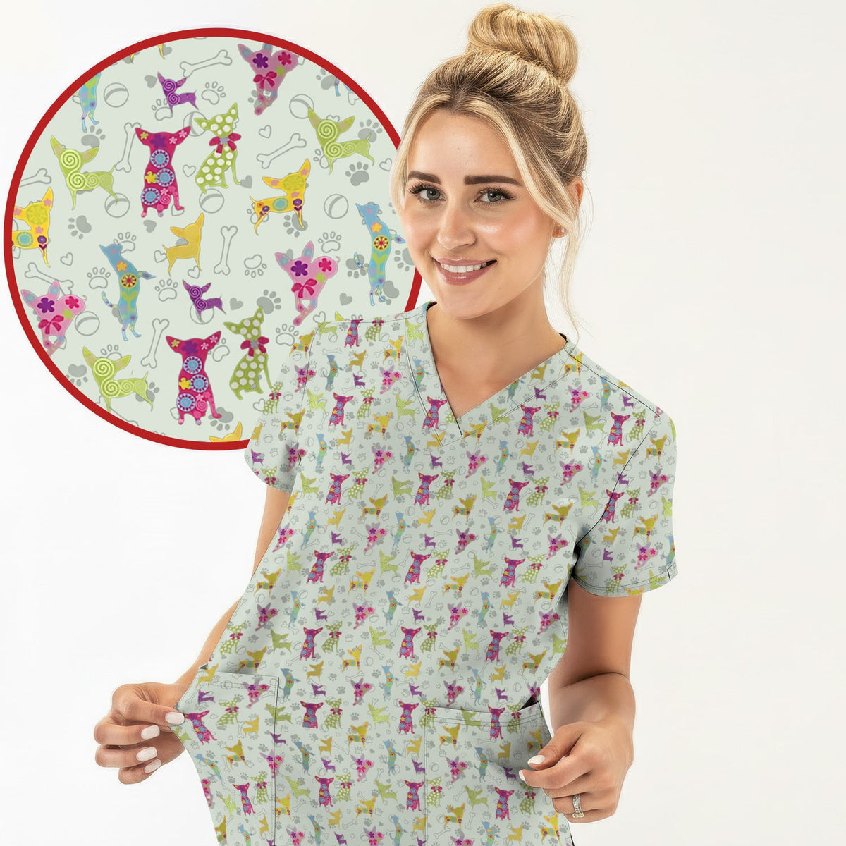 Colorful Playful Dog Nurse Scrub Set