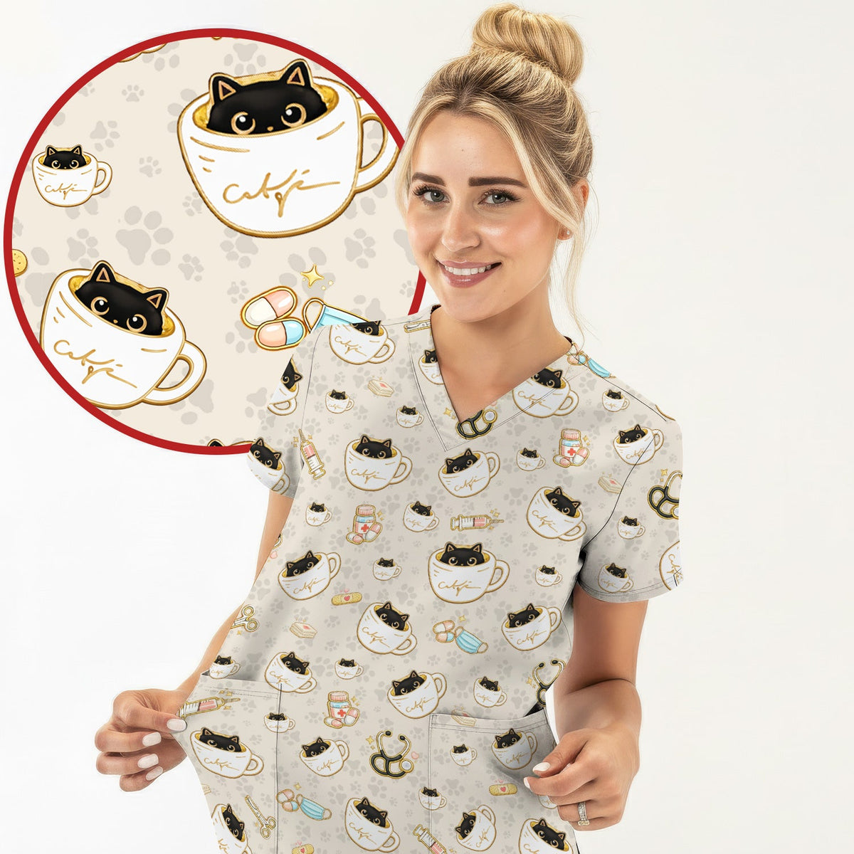 Coffee Cat Nurse Scrub Set