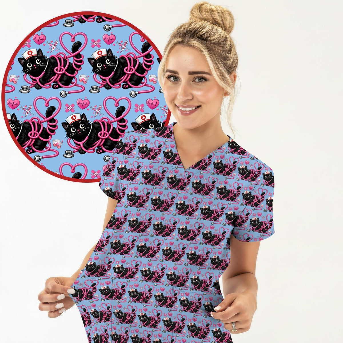 Valentine Cat Nurse Heart Scrub Top