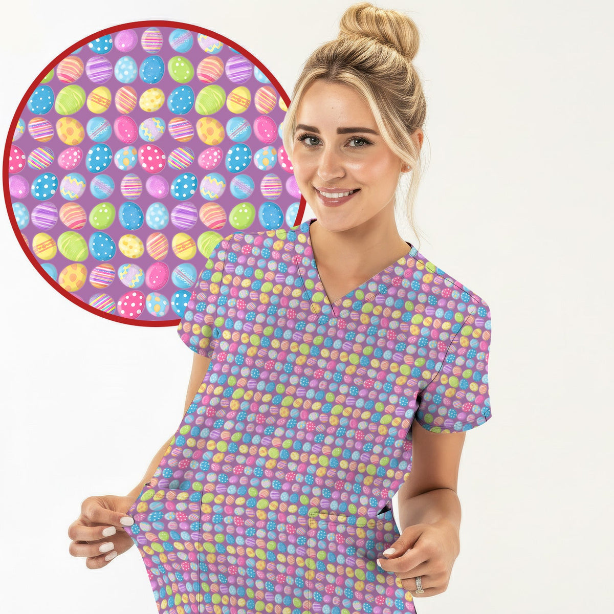 Colorful Easter Eggs Pattern Scrub Top, Comfortable Scrubs for Nurses