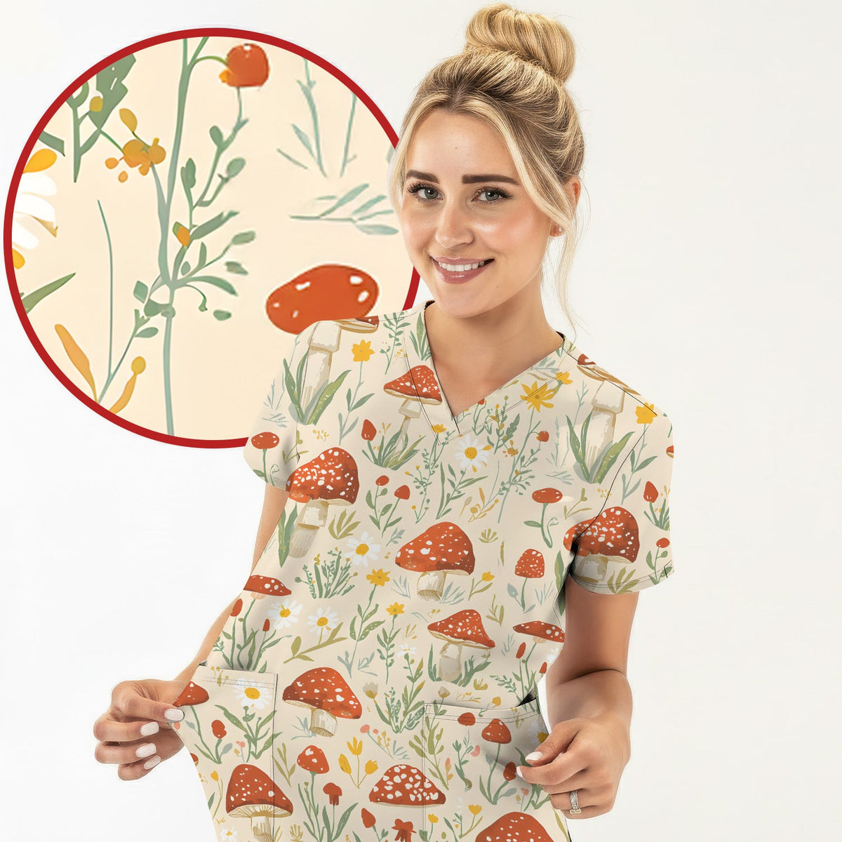 Mushroom Wildflower Nurse Scrub Top