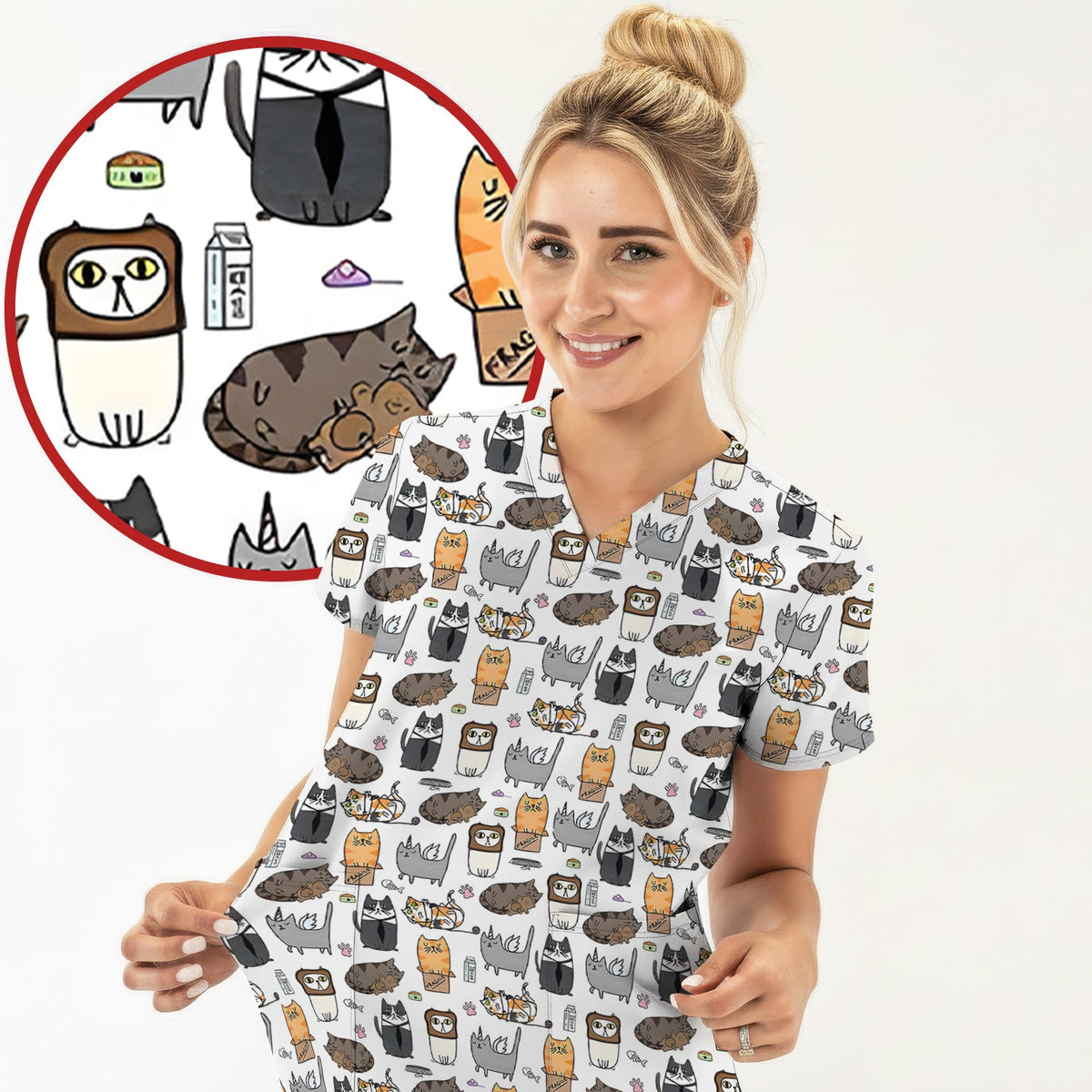 Lazy Cat Doodle Cozy Kitty Nurse Scrub Top