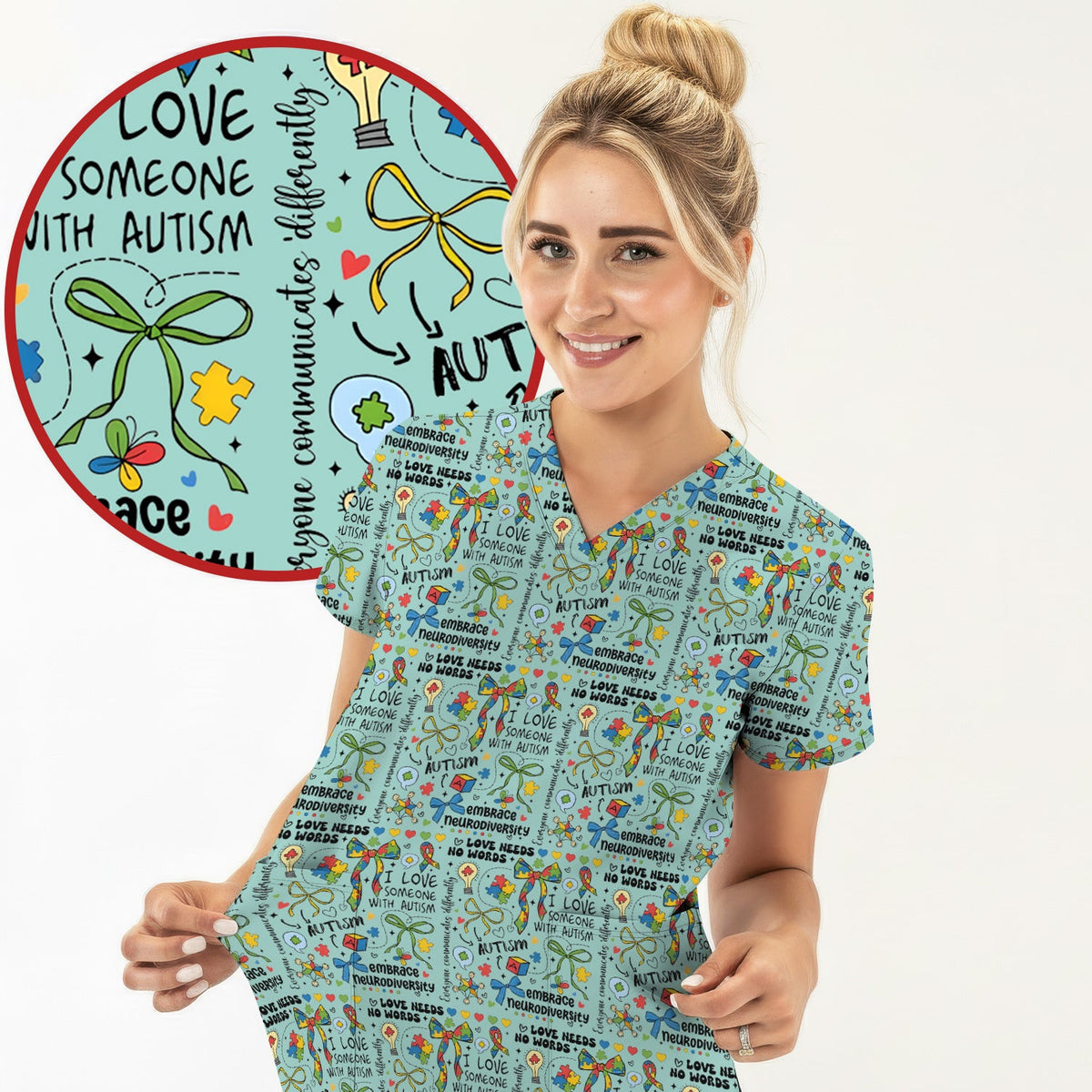 Autism Awareness Puzzle Ribbon Pastel Nurse Scrub Top
