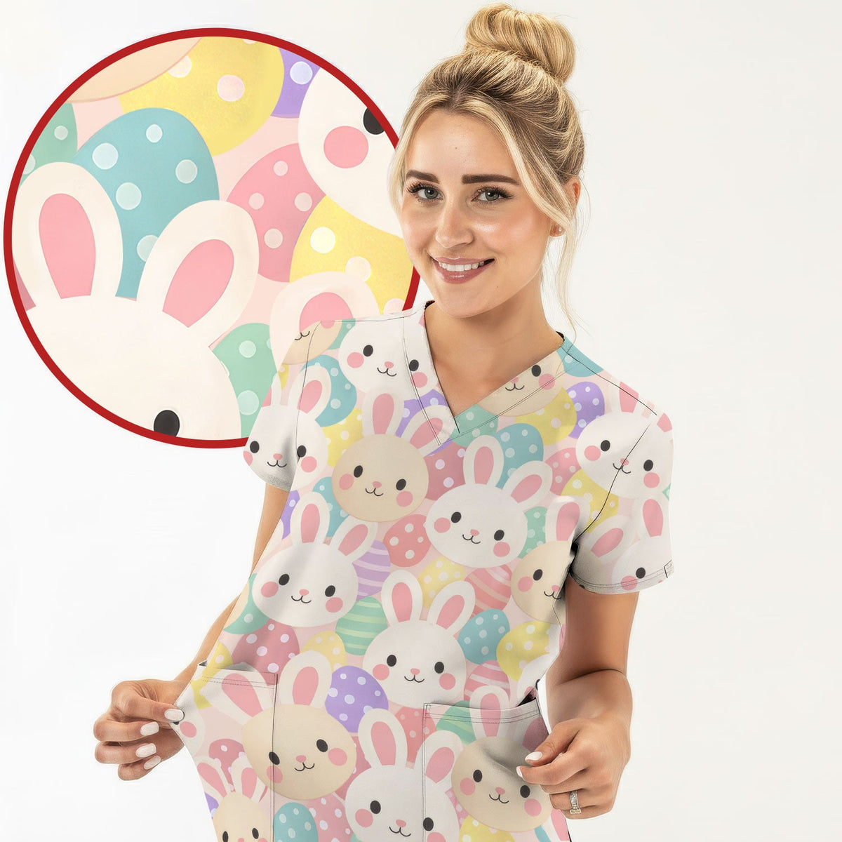 Pastel Bunny Easter Eggs Nurse Scrub Top
