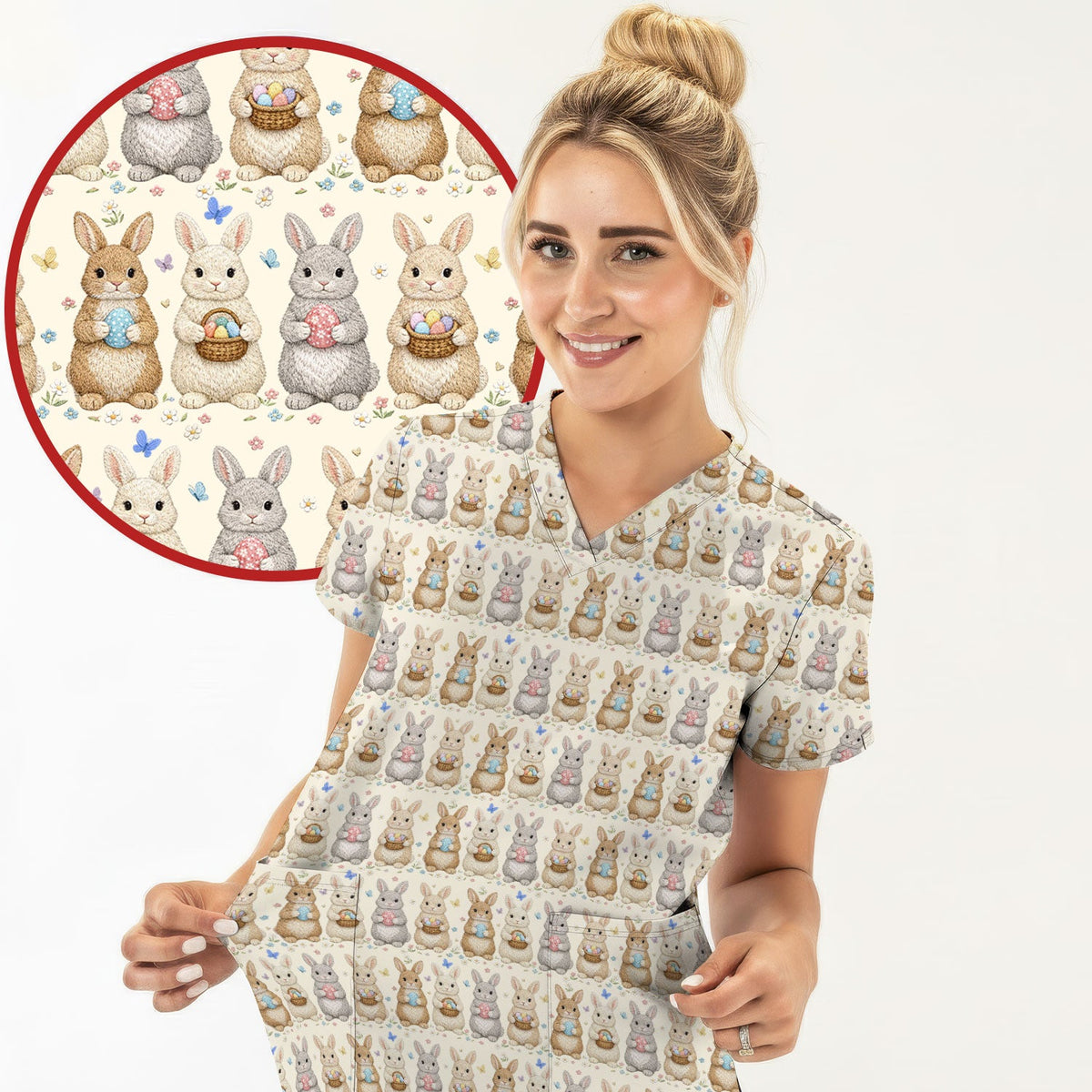 Bunny Basket Pastel Nurse Scrub Top - Easter Gift