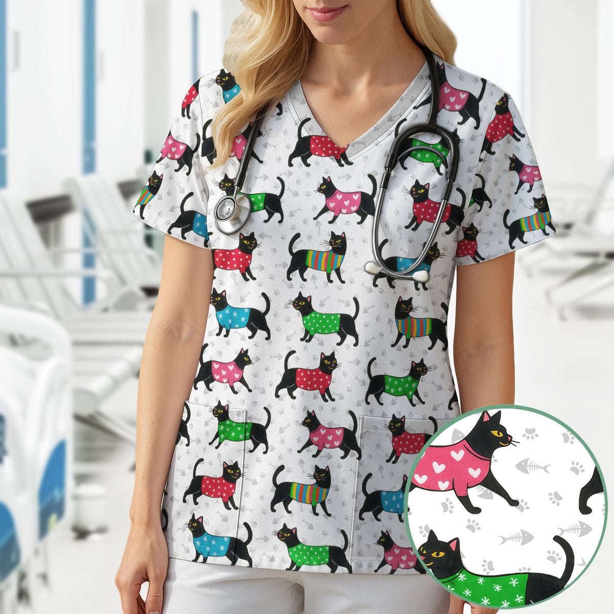 Black Kitty Nurse Scrub Top