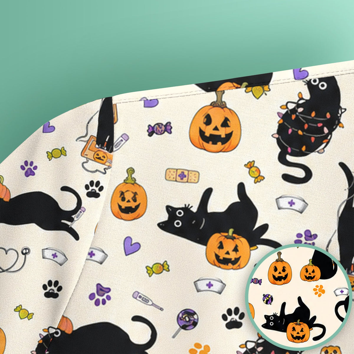 Pumpkin Black Cat Nurse Scrub Top