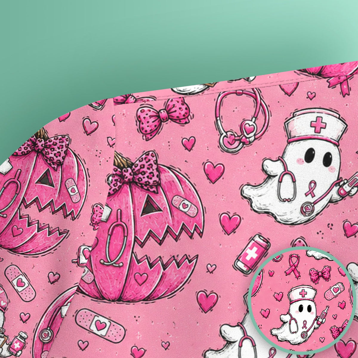 Pink Ribbon Ghost Pattern Nurse Scrub Top