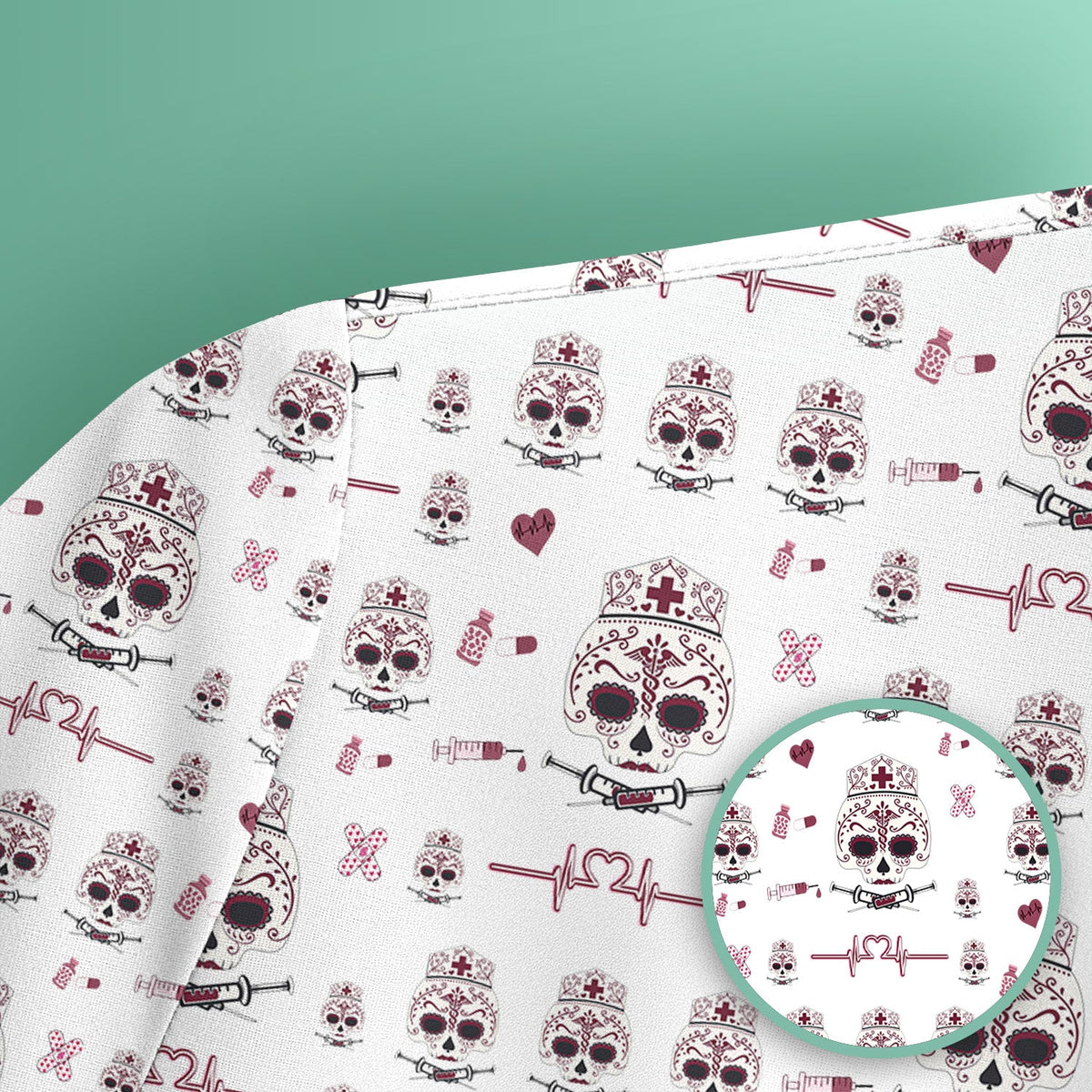Sugar Skull Scrub Top, Skull Pattern Scrub Shirt, Breathable Fabrics Nursing Uniform