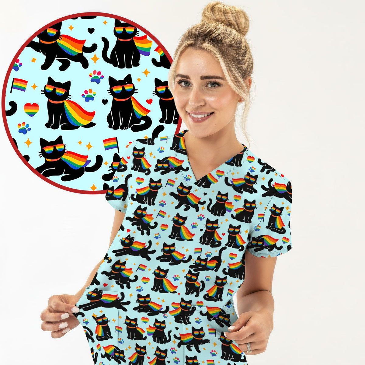 Rainbow Black Cat Pride Nurse Scrub Top