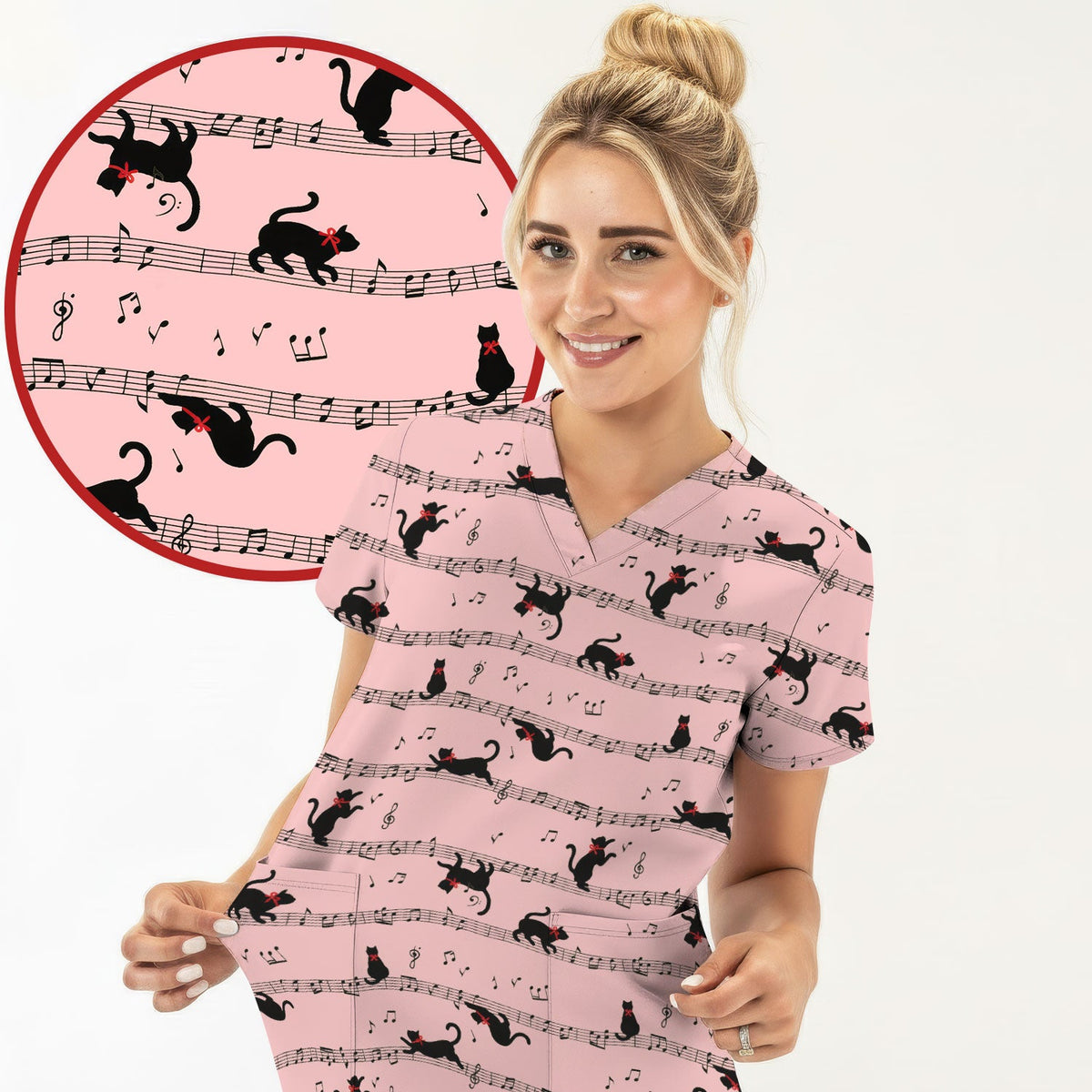 Dancing Black Cat Music Nurse Scrub Top